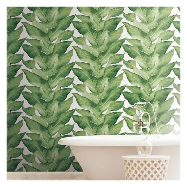 Stripe Palm Tropical Wallpaper - White Green - Designer Wallcoverings and Fabrics