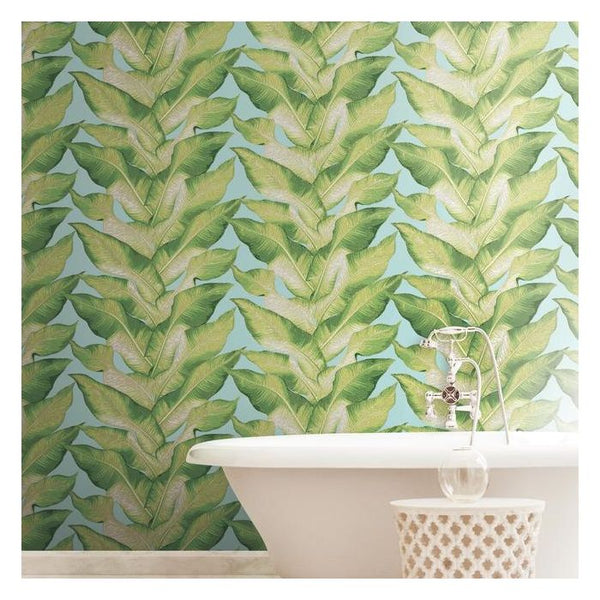 Stripe Palm Tropical Wallpaper - Light Blue Sage - Designer Wallcoverings and Fabrics